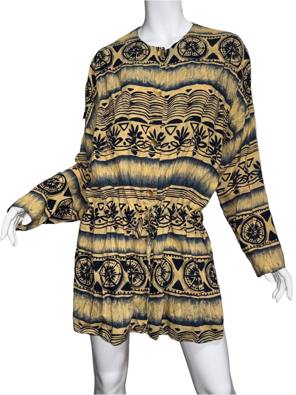 Vintage Statement Boho Printed Button Up Drawstring Tunic Retro Indie Eclectic
